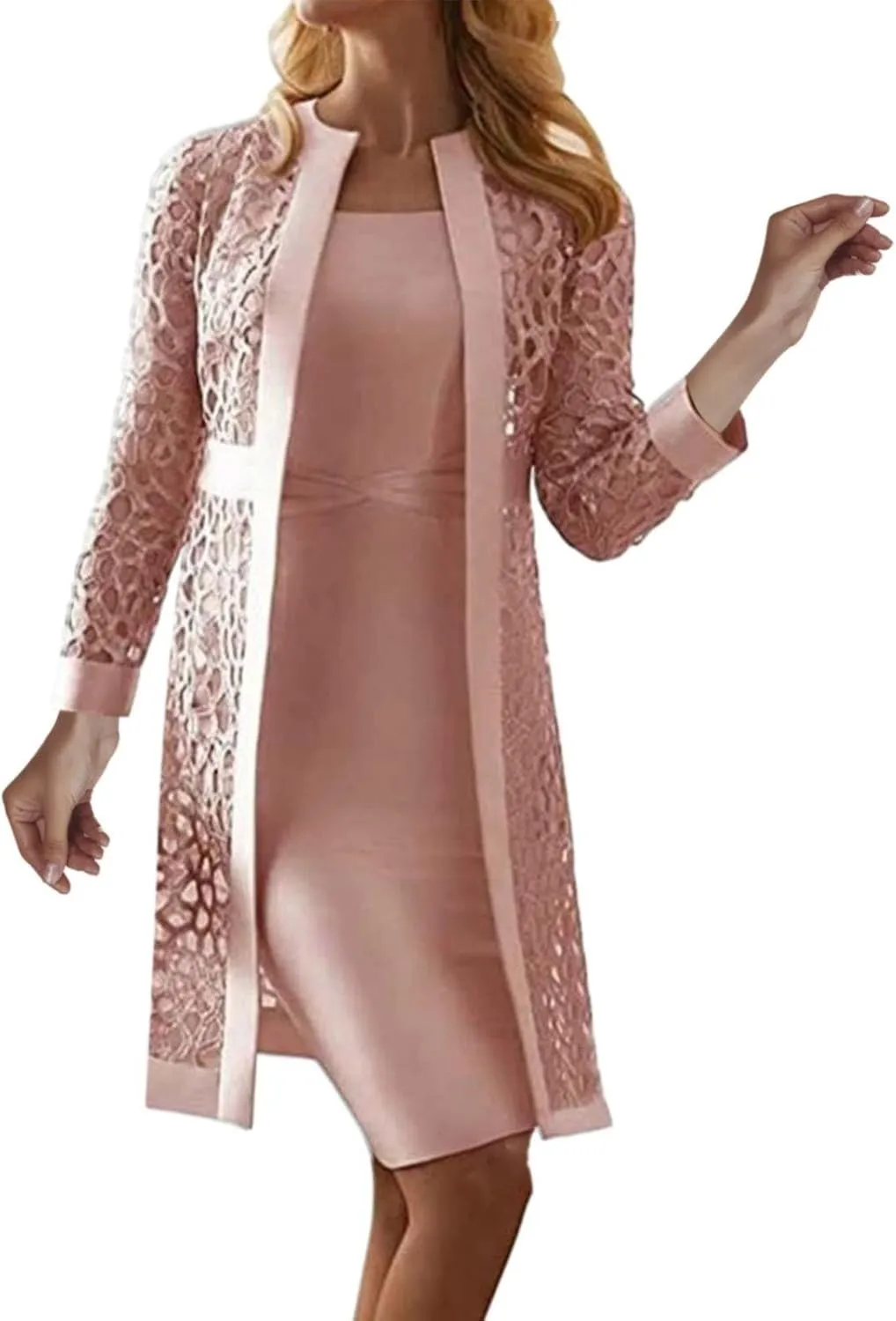 2 Pieces Mother of The Bride Dresses for Wedding with Jacket Knee Length Lace Applique Wedding Guest Dresses for Women