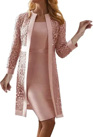 2 Pieces Mother of The Bride Dresses for Wedding with Jacket Knee Length Lace Applique Wedding Guest Dresses for Women