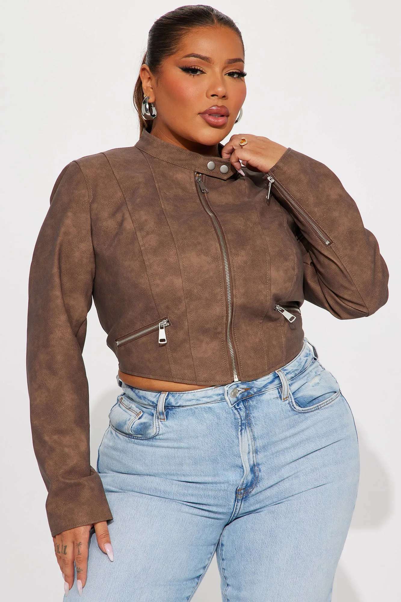 A Desert Babe Washed Faux Leather Moto - Brown