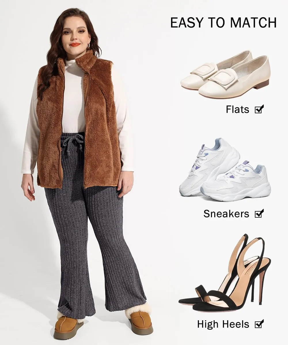 CARCOS Plus Size Pants for Women Ribbed Knit Flare Pants High Waist Lounge Pants Drawstring Wide Leg Trousers with Pockets