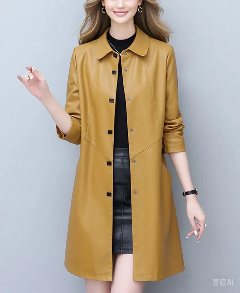 chouyatou Women's Elegant Collared Single Breasted Pu Faux Leather Jacket Trench Coat with Pockets