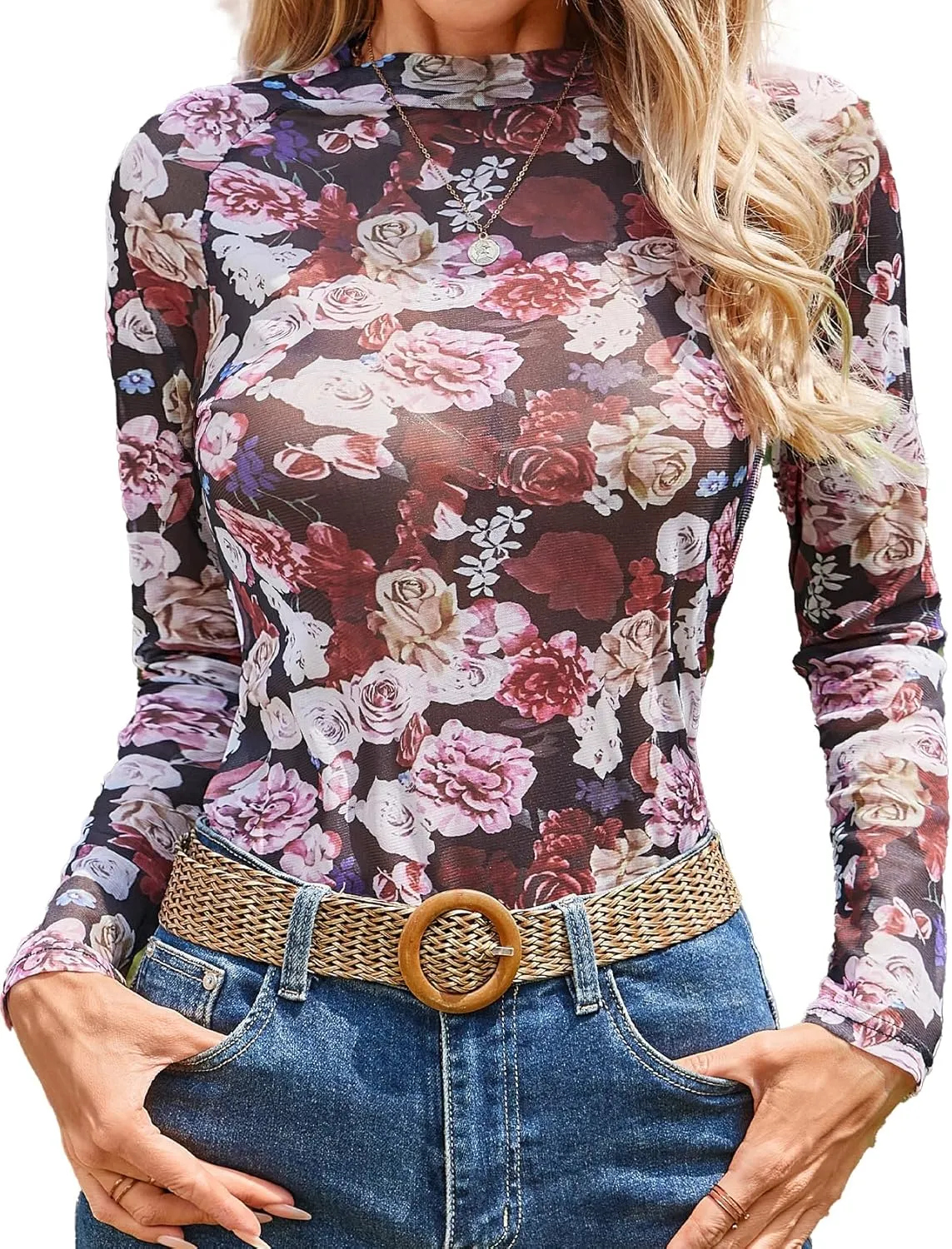 Chvity Women's Long Sleeve Mock Neck Tops Sexy See Through Mesh Going Out Tops Y2k Sheer Letter Printes Western Rodeo Outfit