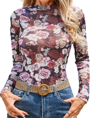 Chvity Women's Long Sleeve Mock Neck Tops Sexy See Through Mesh Going Out Tops Y2k Sheer Letter Printes Western Rodeo Outfit