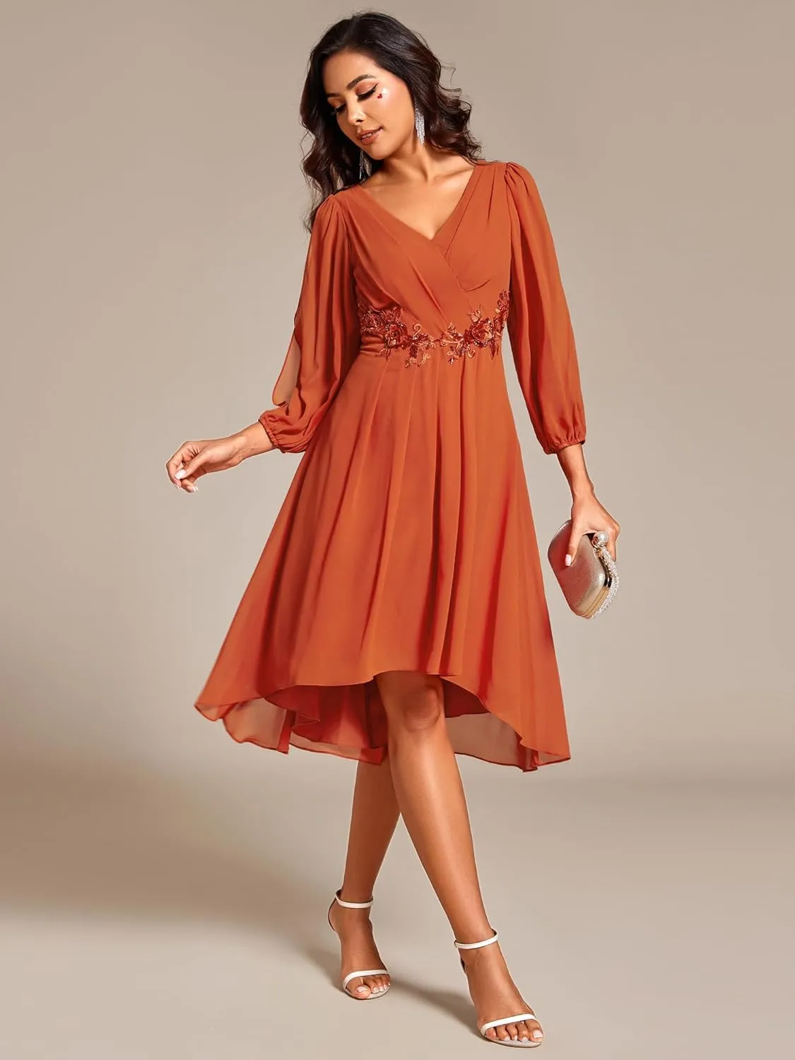 Ever-Pretty Womens Chiffon Lantern Long Sleeves Pleated Appliqued Empire Waist Midi Length Semi Formal Dresses 02926