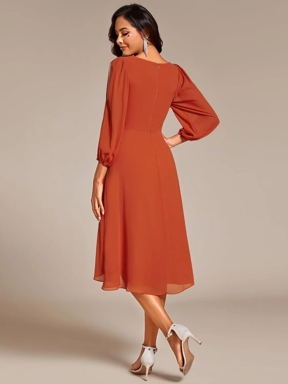 Ever-Pretty Womens Chiffon Lantern Long Sleeves Pleated Appliqued Empire Waist Midi Length Semi Formal Dresses 02926