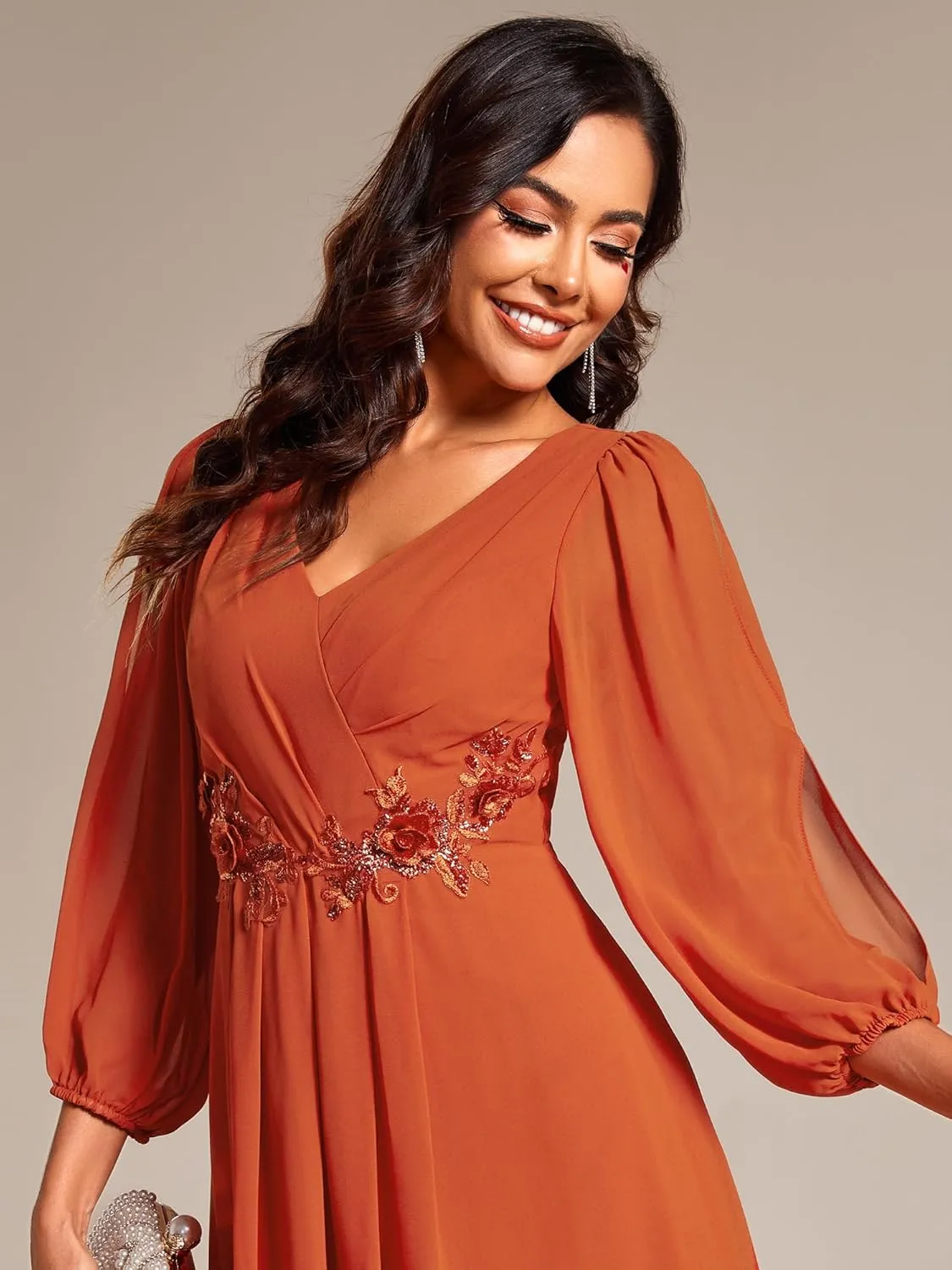 Ever-Pretty Womens Chiffon Lantern Long Sleeves Pleated Appliqued Empire Waist Midi Length Semi Formal Dresses 02926