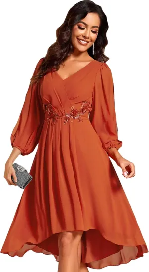 Ever-Pretty Womens Chiffon Lantern Long Sleeves Pleated Appliqued Empire Waist Midi Length Semi Formal Dresses 02926