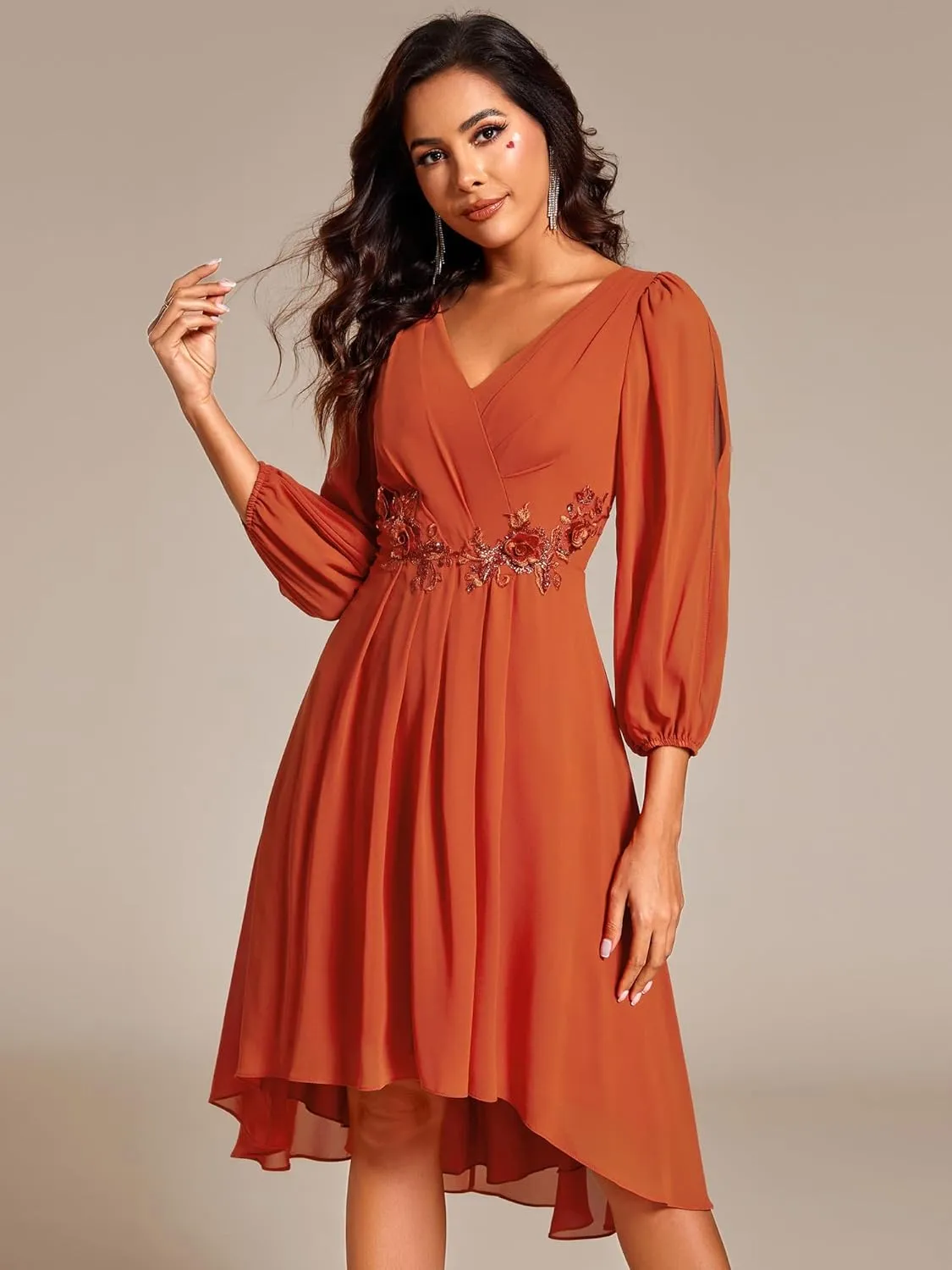 Ever-Pretty Womens Chiffon Lantern Long Sleeves Pleated Appliqued Empire Waist Midi Length Semi Formal Dresses 02926