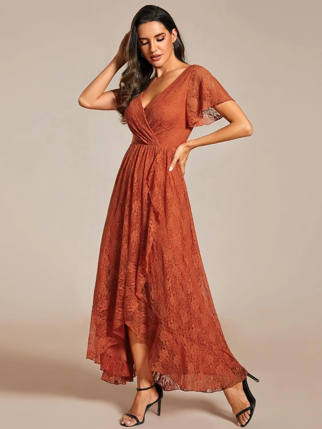 Ever-Pretty Women's Lace V Neck Ruffles Sleeves Pleated Empire Waist A-Line Maxi Formal Dresses 01489