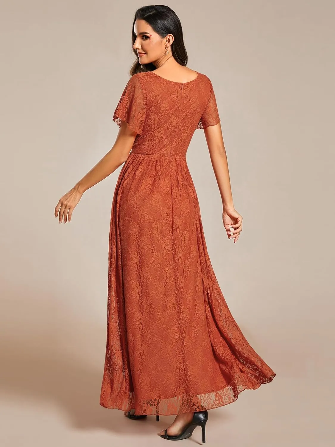 Ever-Pretty Women's Lace V Neck Ruffles Sleeves Pleated Empire Waist A-Line Maxi Formal Dresses 01489