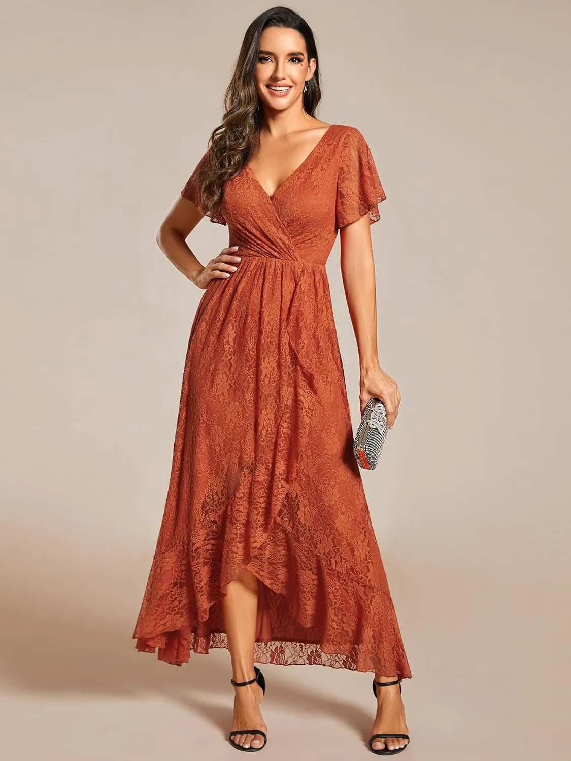Ever-Pretty Women's Lace V Neck Ruffles Sleeves Pleated Empire Waist A-Line Maxi Formal Dresses 01489