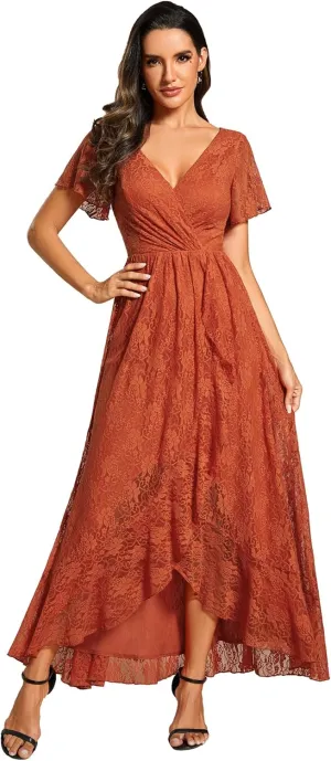 Ever-Pretty Women's Lace V Neck Ruffles Sleeves Pleated Empire Waist A-Line Maxi Formal Dresses 01489