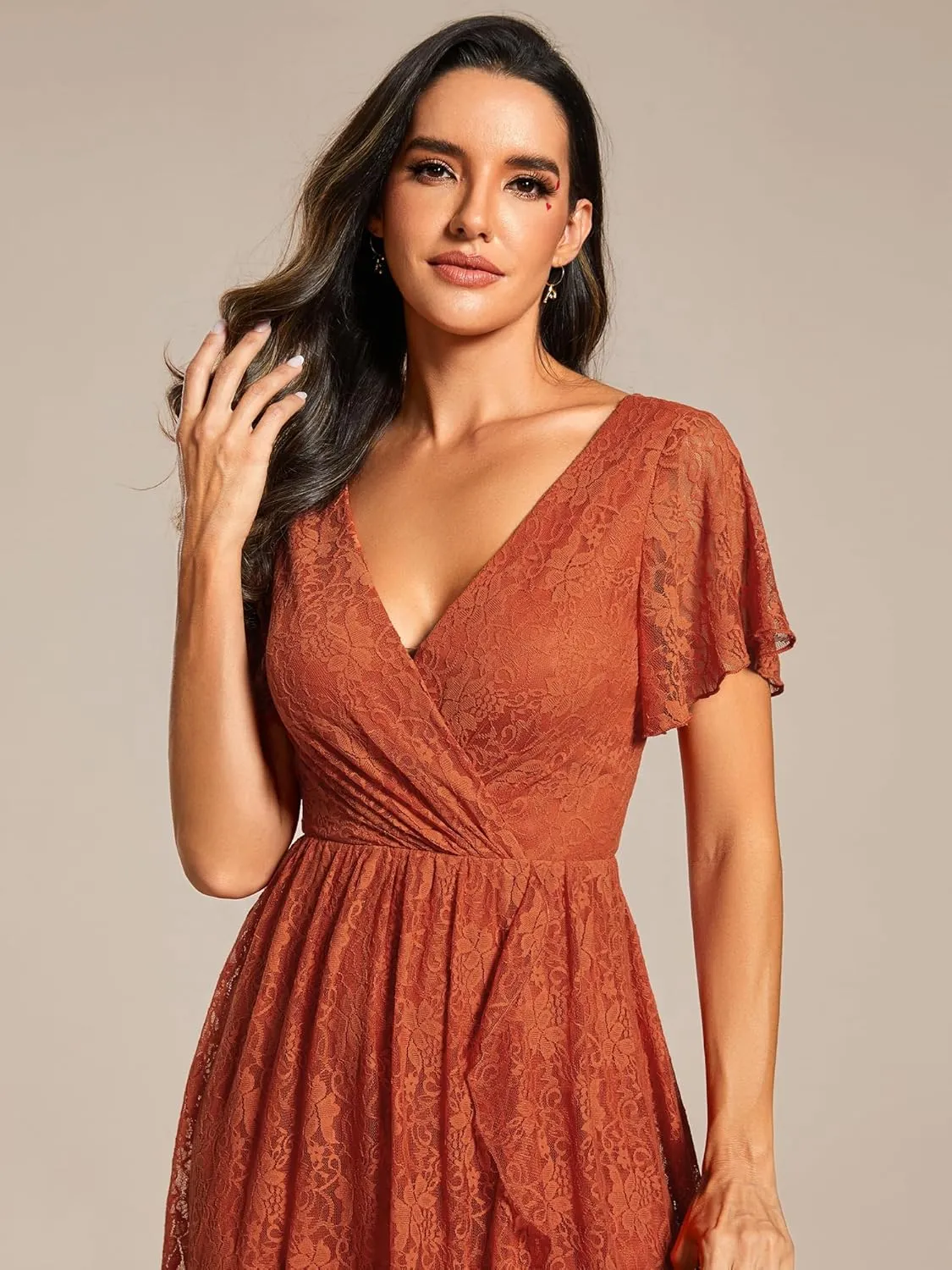 Ever-Pretty Women's Lace V Neck Ruffles Sleeves Pleated Empire Waist A-Line Maxi Formal Dresses 01489