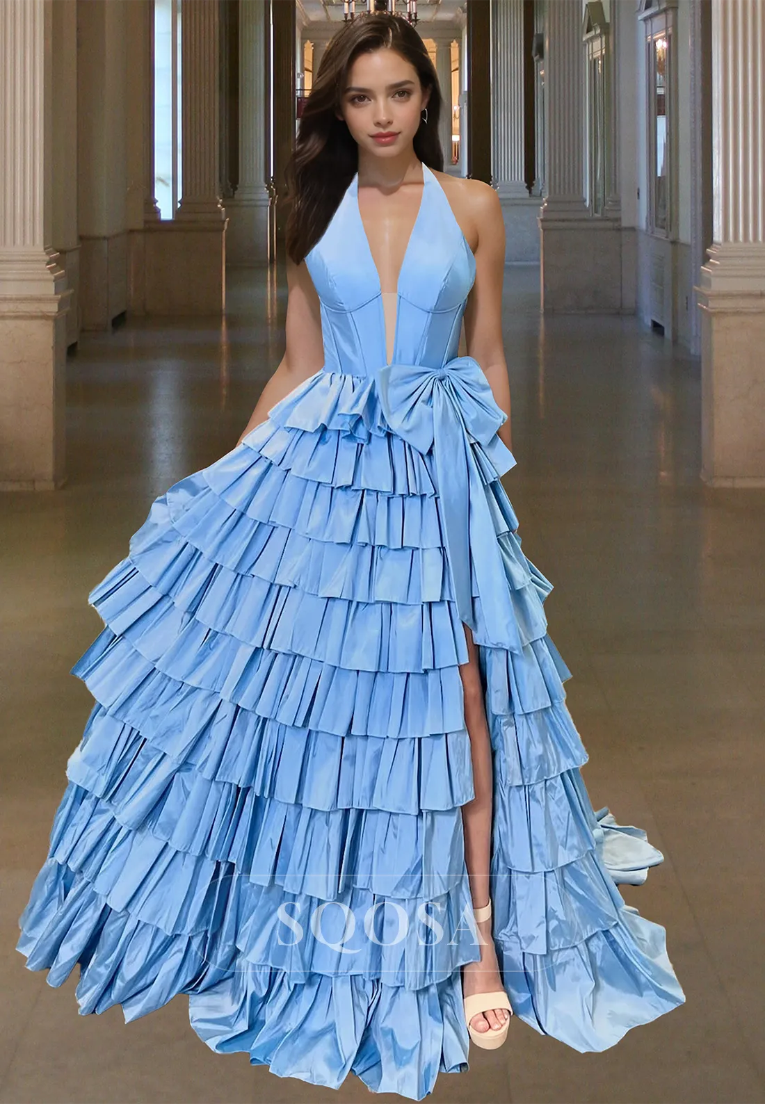 Halter Deep V-Neck Off-Shoulder Sleeveless A-Line Prom Dress Pleated Tiered Evening Gowns with Bows