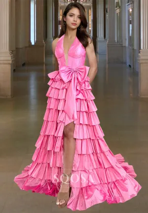 Halter Deep V-Neck Off-Shoulder Sleeveless A-Line Prom Dress Pleated Tiered Evening Gowns with Bows