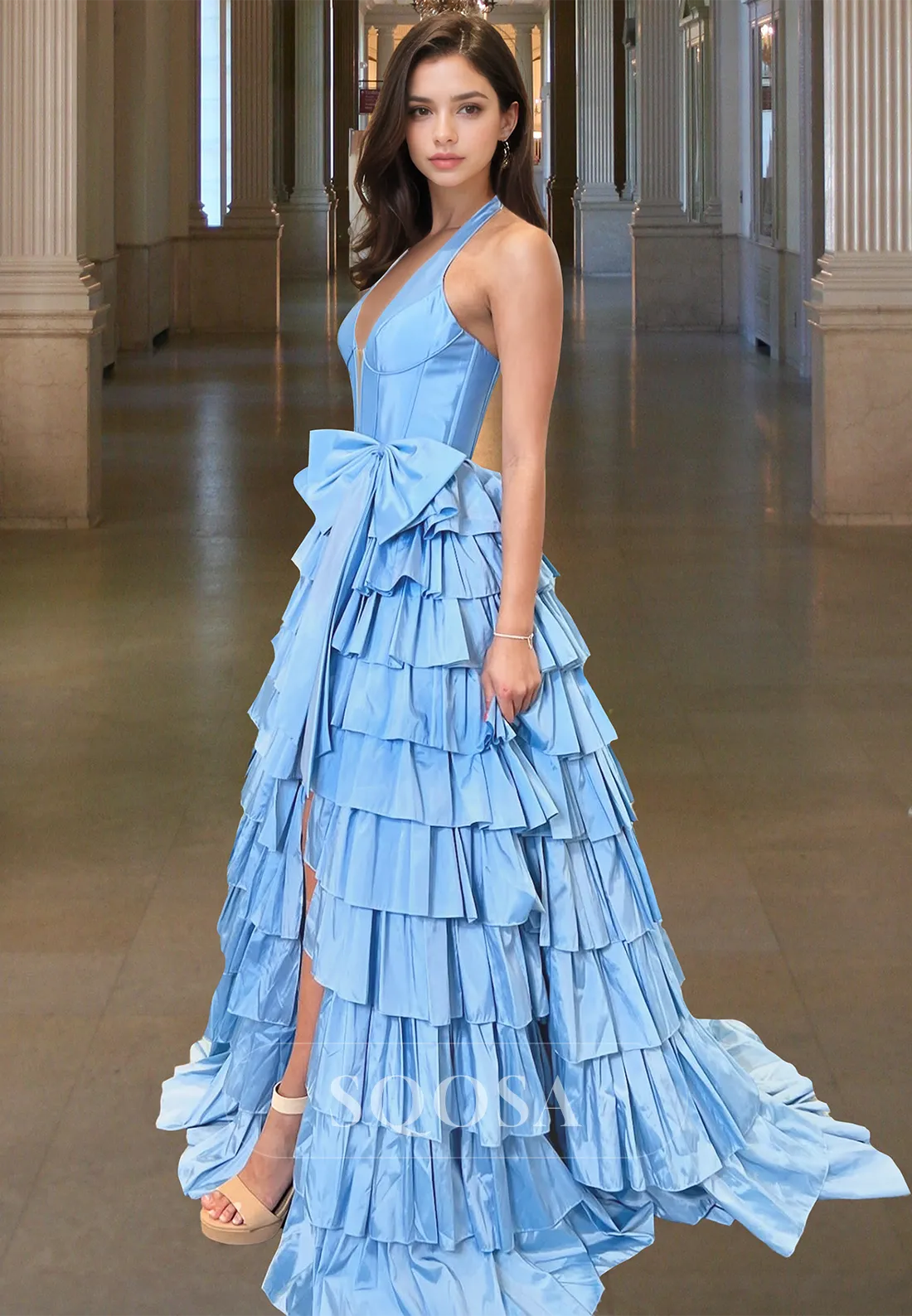 Halter Deep V-Neck Off-Shoulder Sleeveless A-Line Prom Dress Pleated Tiered Evening Gowns with Bows
