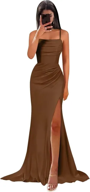 Long Satin Bridesmaid Dresses for Women Elegant Pleated Mermaid Formal Evening Gown with Slit
