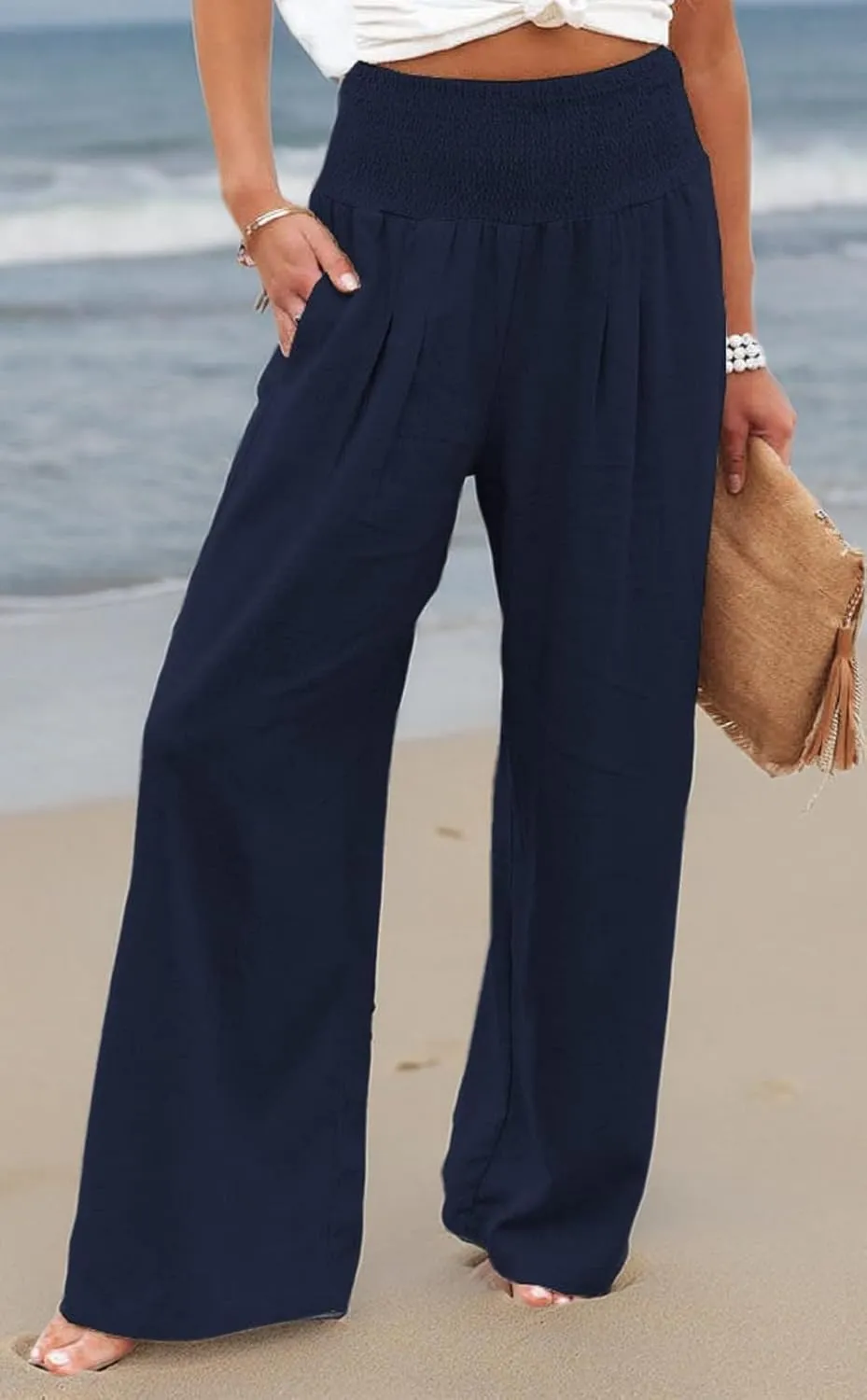 loveimgs Women's Boho Cotton Linen Wide Leg Lounge Pants Elastic Waist Beach Palazzo with Pocket
