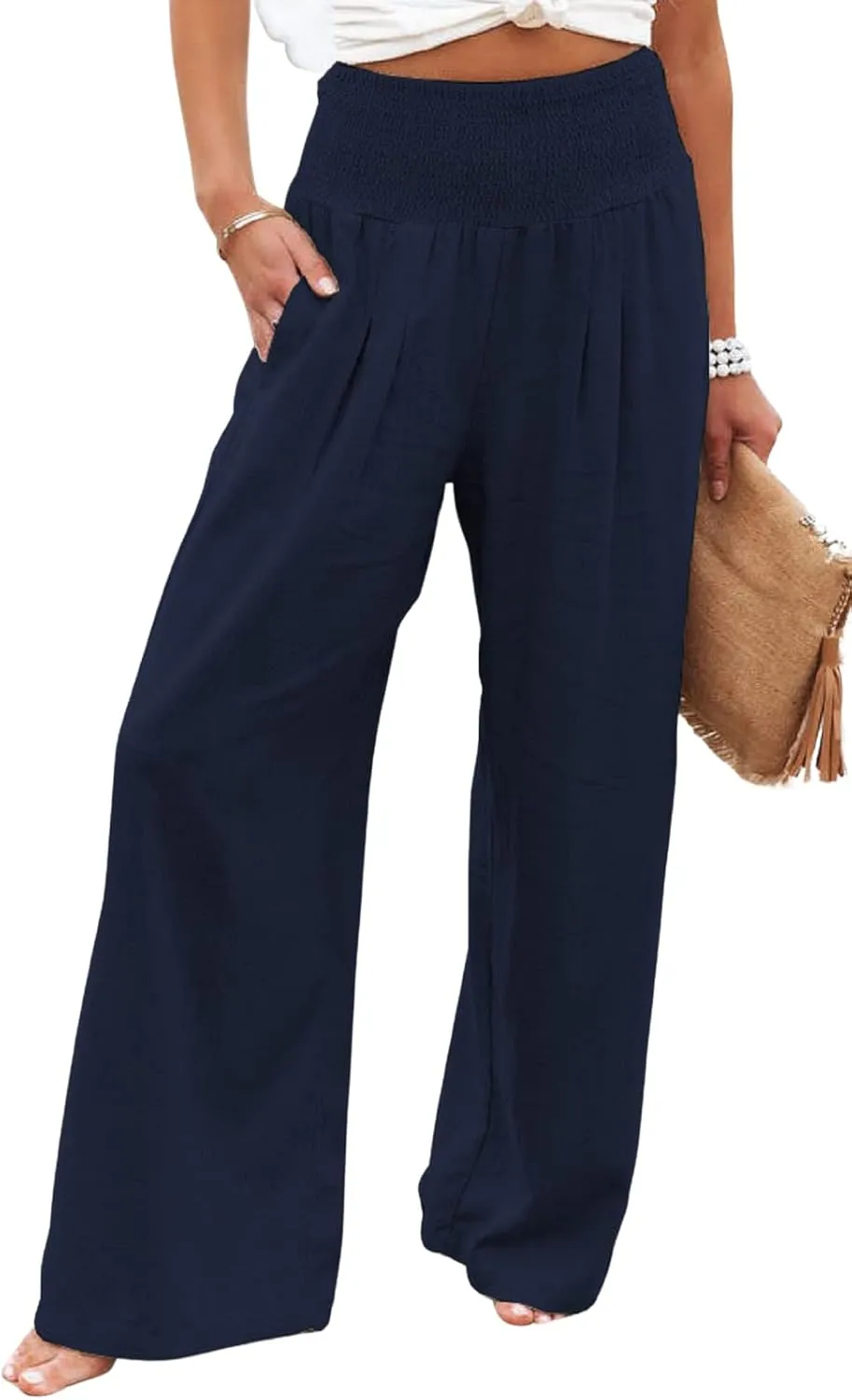 loveimgs Women's Boho Cotton Linen Wide Leg Lounge Pants Elastic Waist Beach Palazzo with Pocket