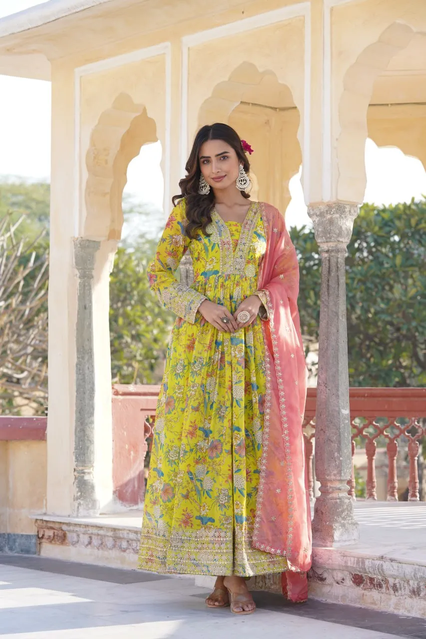 Luxe Elegance Parrot Green Embroidered Digital Print Gown & Dupatta Set