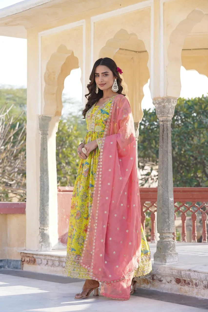 Luxe Elegance Parrot Green Embroidered Digital Print Gown & Dupatta Set