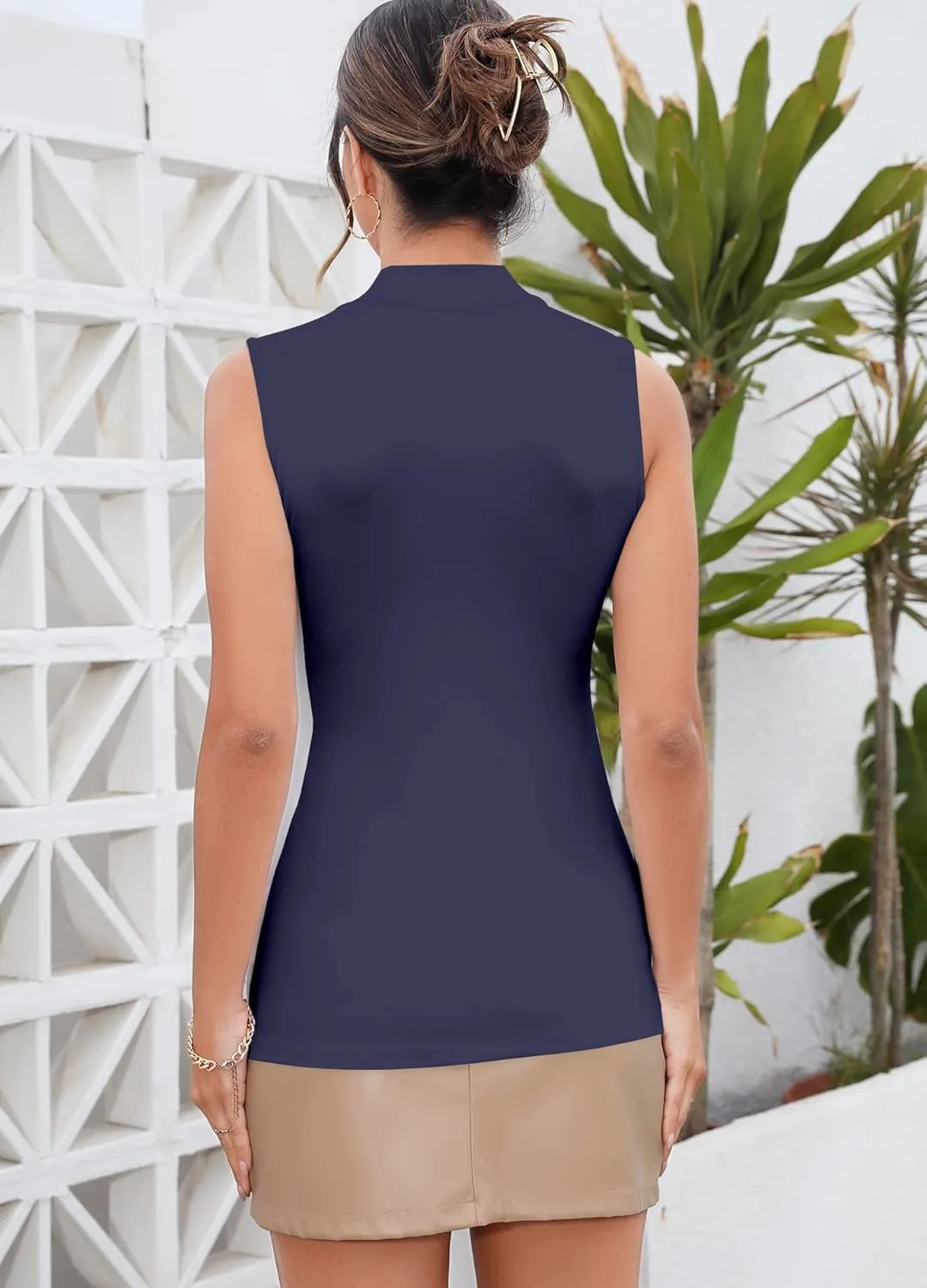 MANGDIUP Women's Mock Turtleneck Long Sleeve Sleeveless Tops Basic Slim T-Shirts
