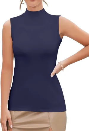 MANGDIUP Women's Mock Turtleneck Long Sleeve Sleeveless Tops Basic Slim T-Shirts