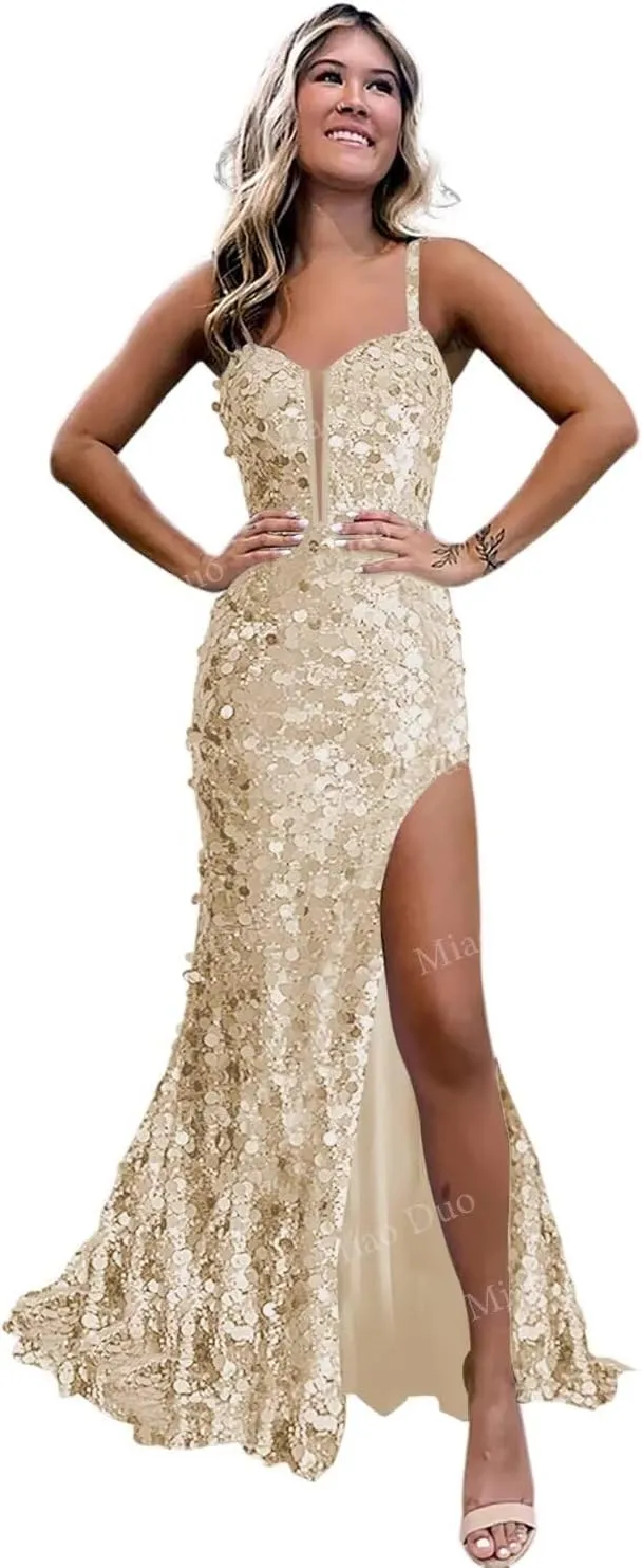 Miao Duo Women's Sparkly Sequin Mermaid Prom Dresses 2025 Long Spaghetti Straps Formal Evening Gowns for Teens YZTS218