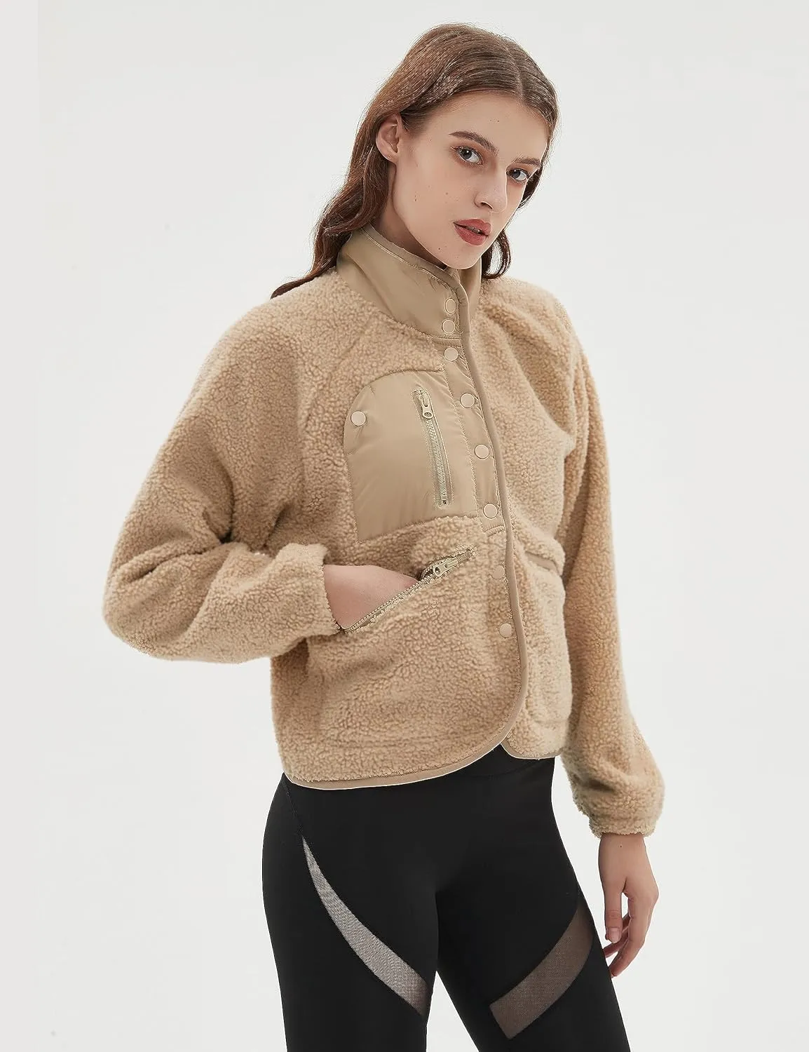 Omoone Women's Cropped Fleece Jacket Faux Fur Sherpa Coat Jackets Winter Outwear