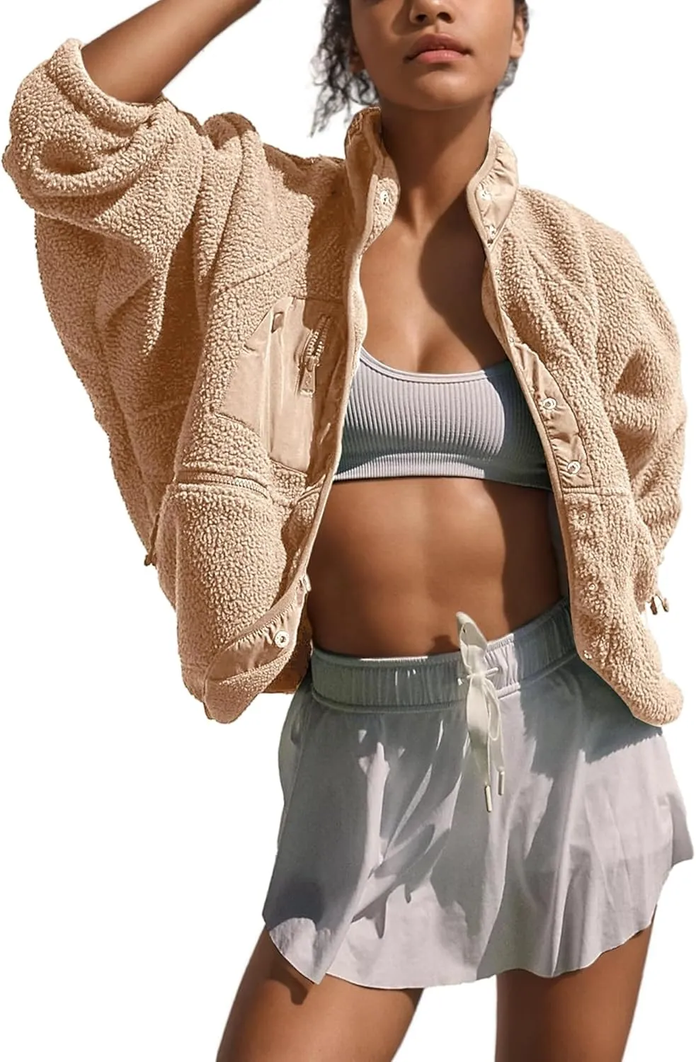Omoone Women's Cropped Fleece Jacket Faux Fur Sherpa Coat Jackets Winter Outwear