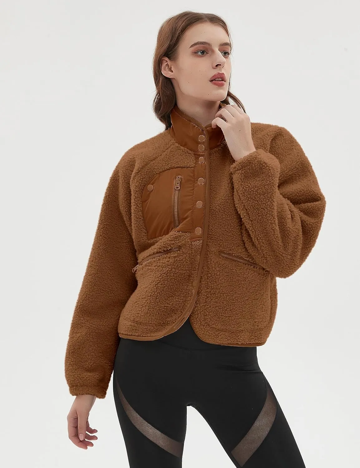 Omoone Women's Cropped Fleece Jacket Faux Fur Sherpa Coat Jackets Winter Outwear