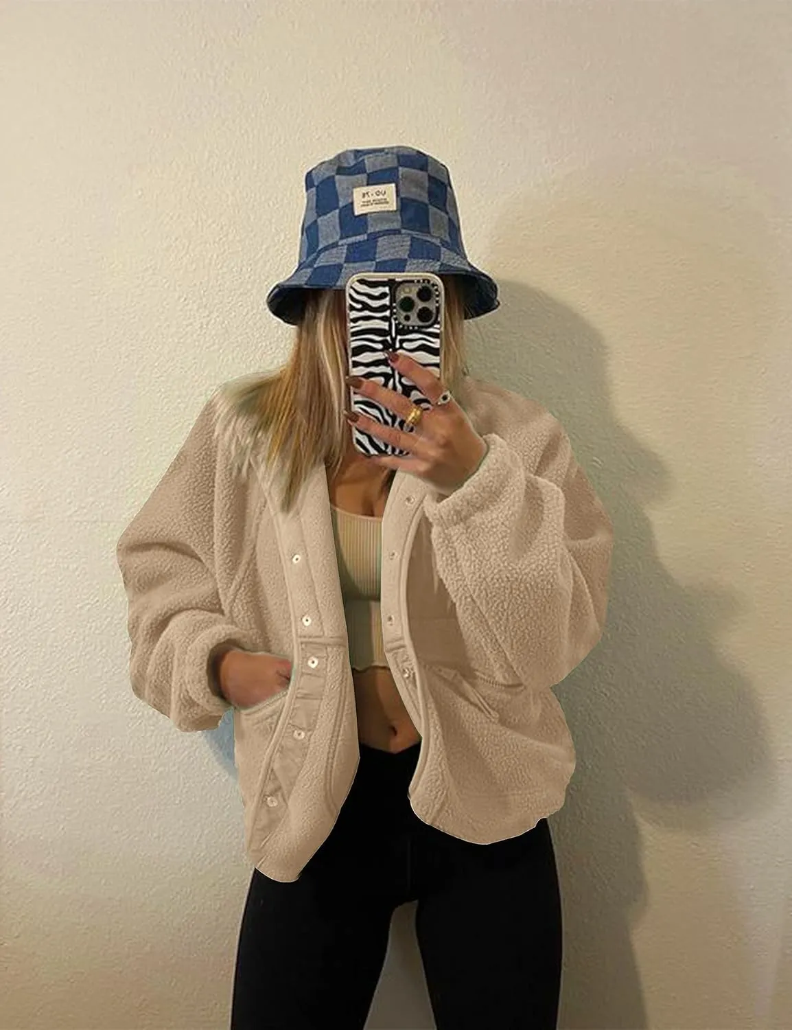 Omoone Women's Cropped Fleece Jacket Faux Fur Sherpa Coat Jackets Winter Outwear