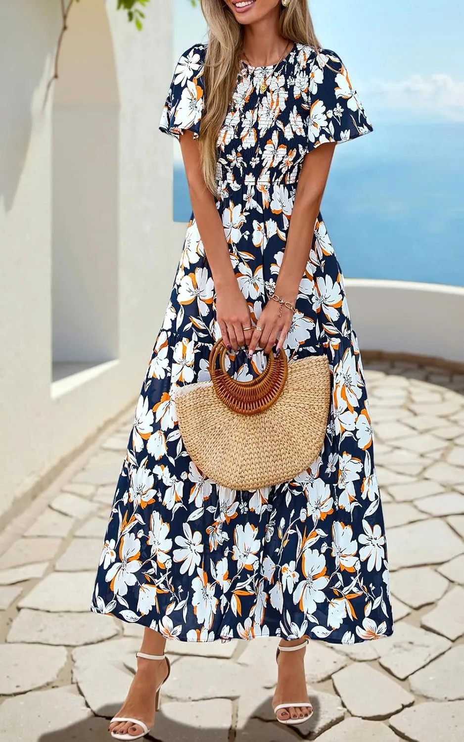 PRETTYGARDEN Women's 2025 Summer Casual Flutter Short Sleeve Boho Floral Maxi Dress Crew Neck Smocked Tiered Long Dresses