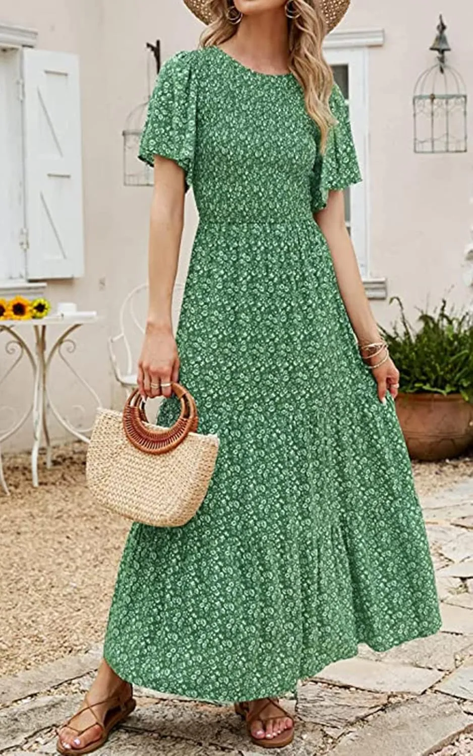 PRETTYGARDEN Women's 2025 Summer Casual Flutter Short Sleeve Boho Floral Maxi Dress Crew Neck Smocked Tiered Long Dresses