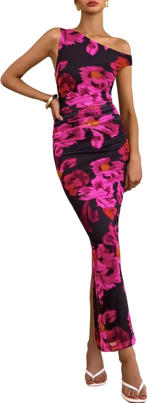 PRETTYGARDEN Women's 2025 Summer Floral One Shoulder Maxi Dress Wedding Guest Ruched Mesh Bodycon Long Cocktail Dresses