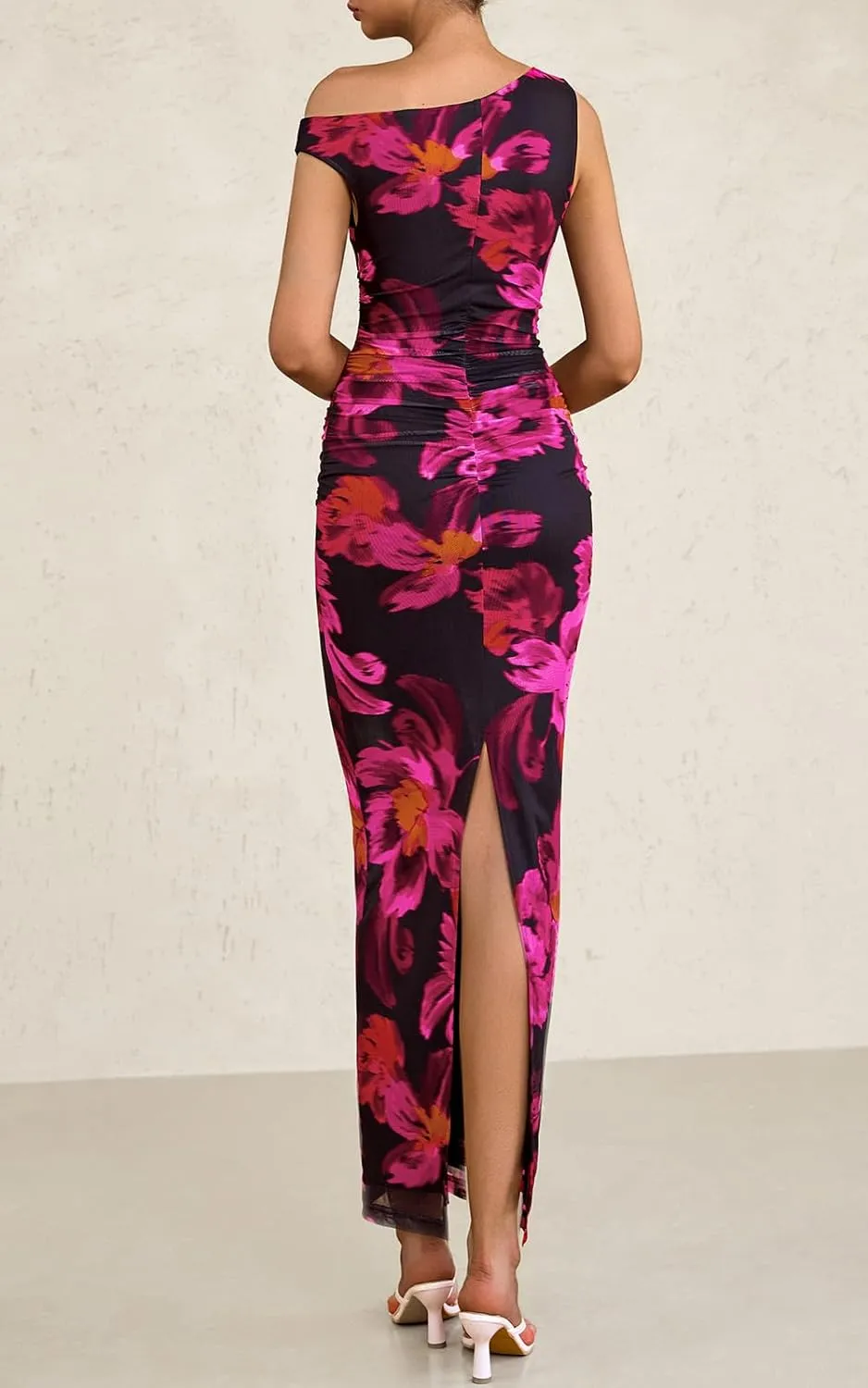 PRETTYGARDEN Women's 2025 Summer Floral One Shoulder Maxi Dress Wedding Guest Ruched Mesh Bodycon Long Cocktail Dresses