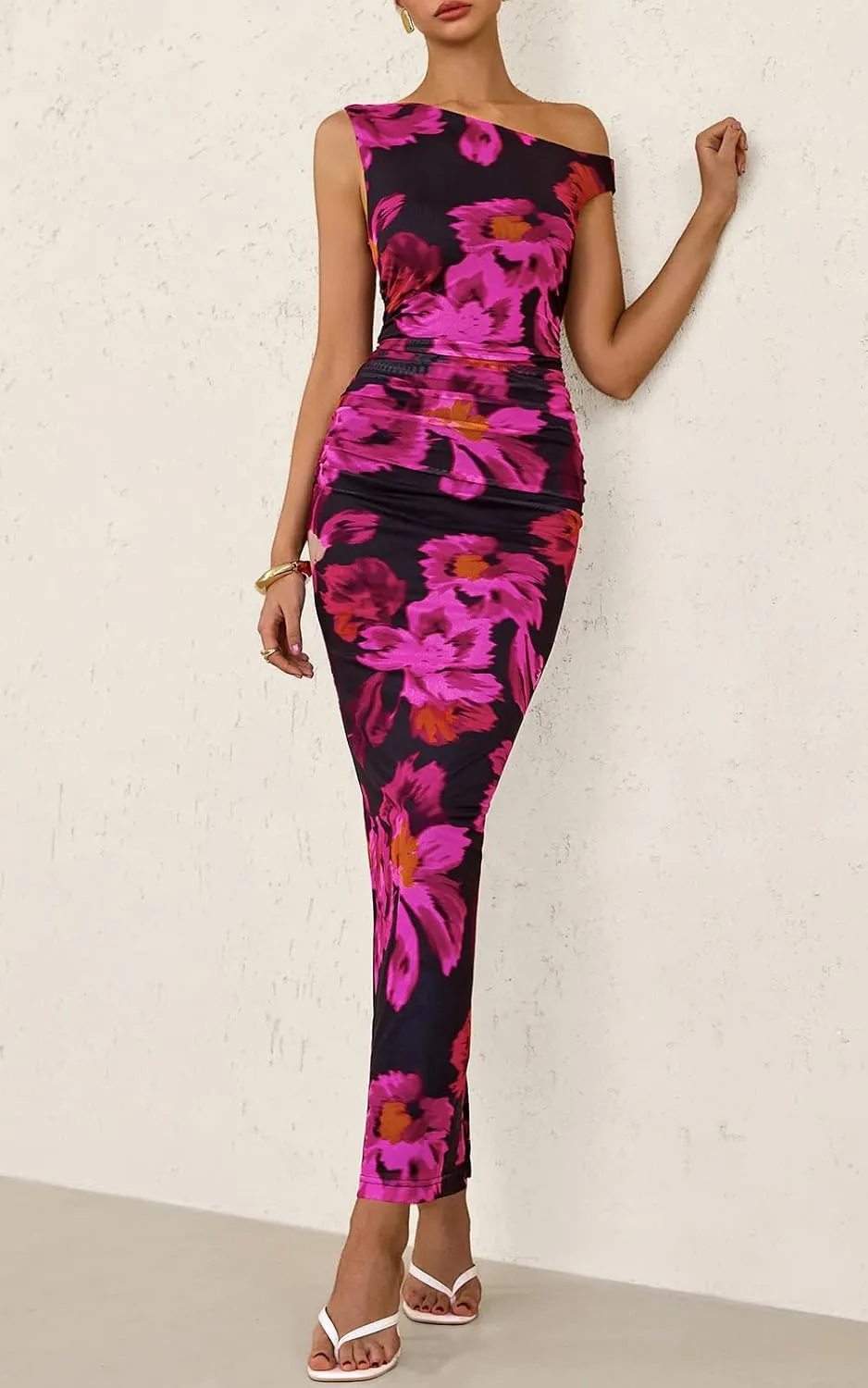 PRETTYGARDEN Women's 2025 Summer Floral One Shoulder Maxi Dress Wedding Guest Ruched Mesh Bodycon Long Cocktail Dresses