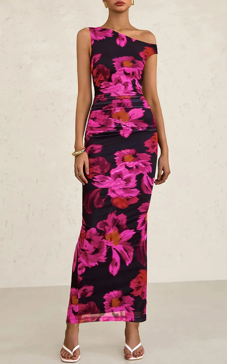 PRETTYGARDEN Women's 2025 Summer Floral One Shoulder Maxi Dress Wedding Guest Ruched Mesh Bodycon Long Cocktail Dresses