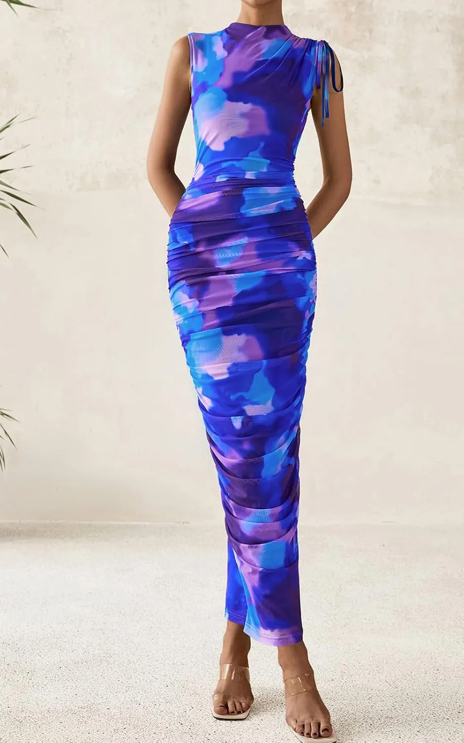 PRETTYGARDEN Women's Summer Maxi Floral Dresses Ruched Bodycon Sleeveless Mesh Formal Wedding Guest Cocktail Split Long Dress