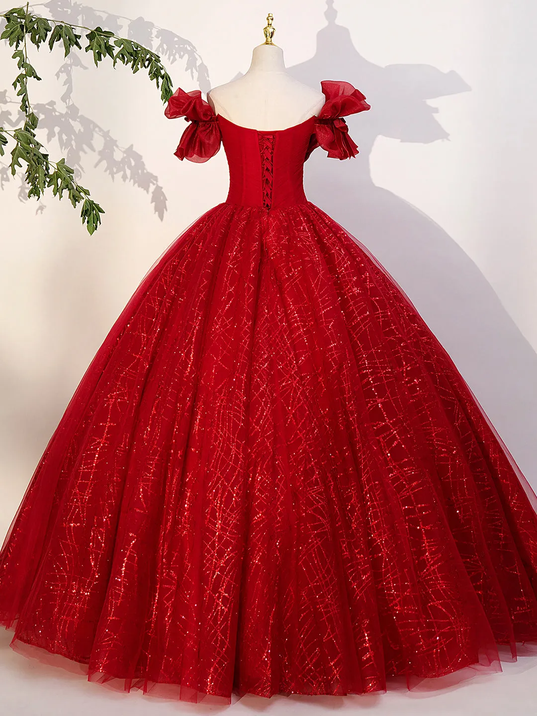 Red Tulle Long A-Line Ball Gown Red Off Shoulder Formal Dress