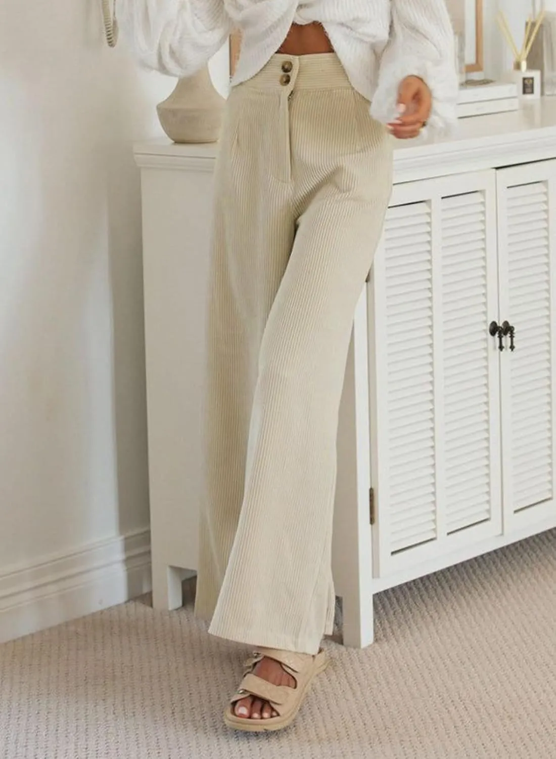 Sidefeel Corduroy Pants for Women 2025 Casual High Waisted Double Buttoned Stretchy Loose Fit Wide Leg Pants with Pockets