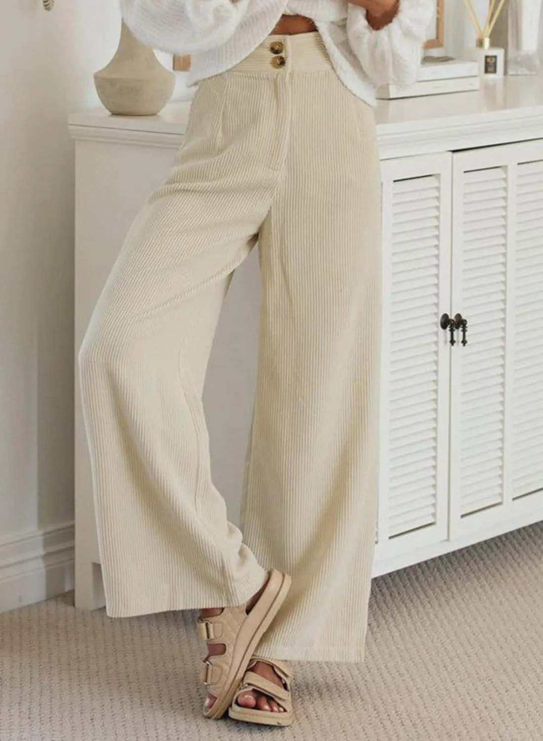 Sidefeel Corduroy Pants for Women 2025 Casual High Waisted Double Buttoned Stretchy Loose Fit Wide Leg Pants with Pockets