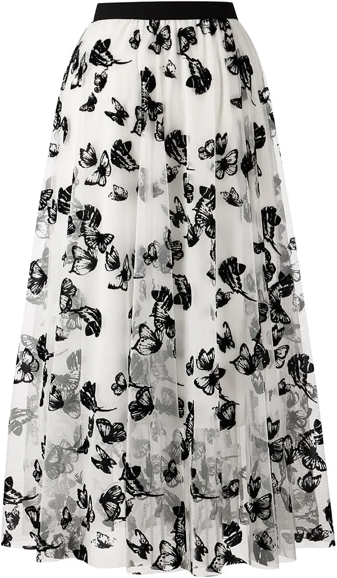 Skirts for Women Midi Long Length Dressy Casual Trendy Summer Tulle A-Line Floral High Waist Skirt