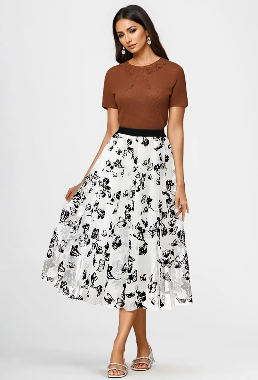 Skirts for Women Midi Long Length Dressy Casual Trendy Summer Tulle A-Line Floral High Waist Skirt