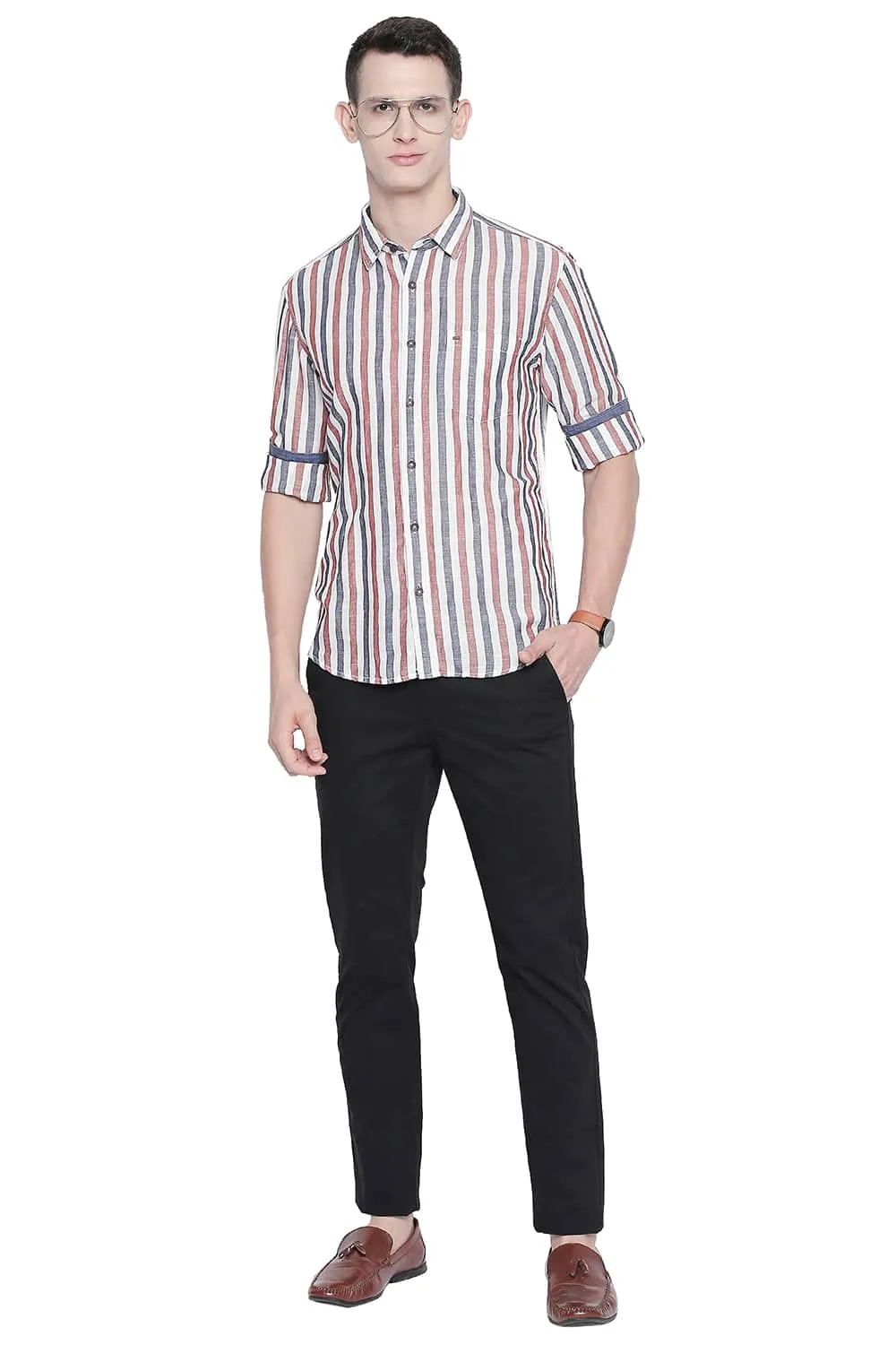 Slim Fit Cotton Linen Stripes Shirt