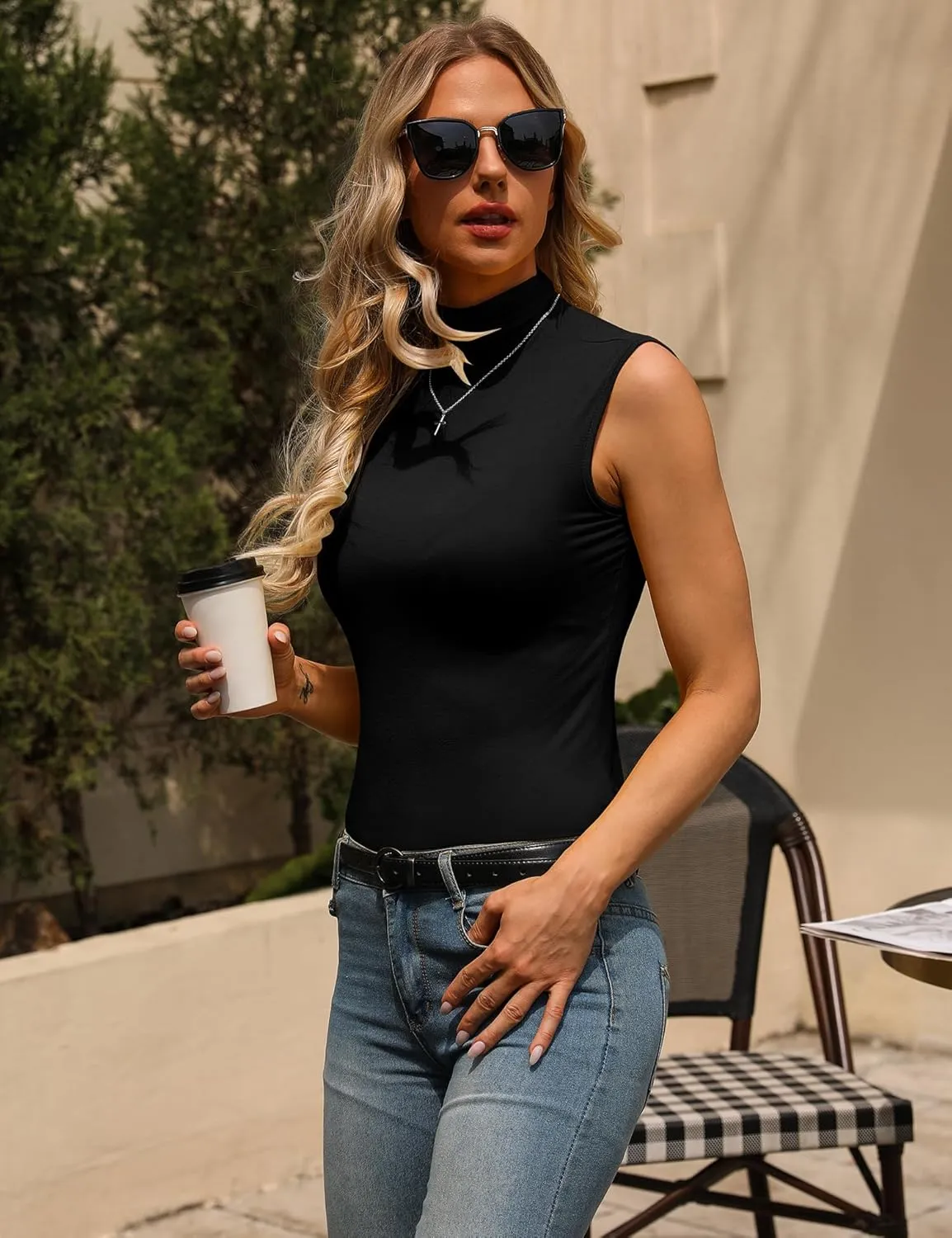 URRU Women's Sleeveless Slim Fit Turtleneck Mock Soft T-Shirt Tank Tops Basic Stretchy Pullover S-XXL