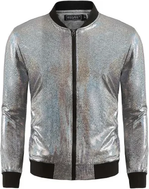 WULFUL Men's 70s Disco Costume Party Sequin Metallic Varsity Bomber Jacket
