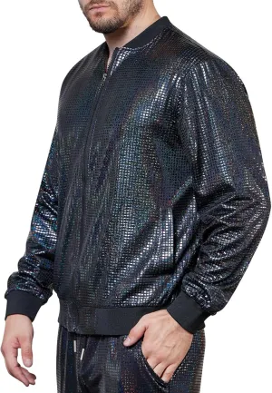WULFUL Men's 70s Disco Costume Party Sequin Metallic Varsity Bomber Jacket