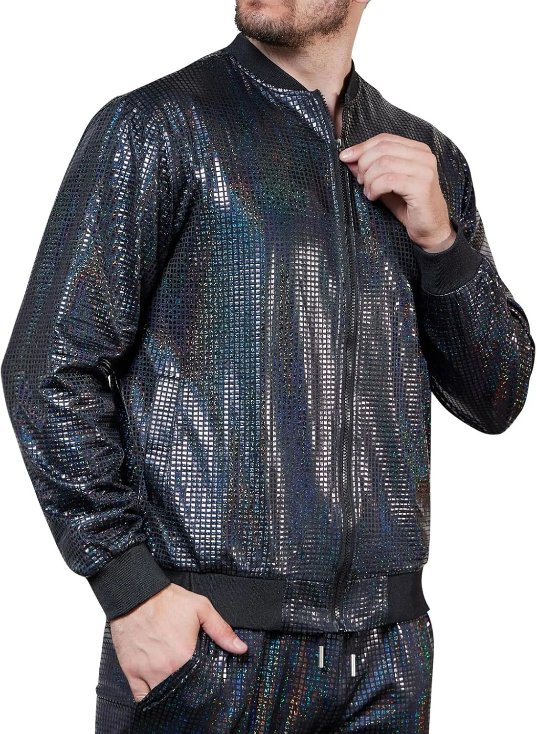 WULFUL Men's 70s Disco Costume Party Sequin Metallic Varsity Bomber Jacket