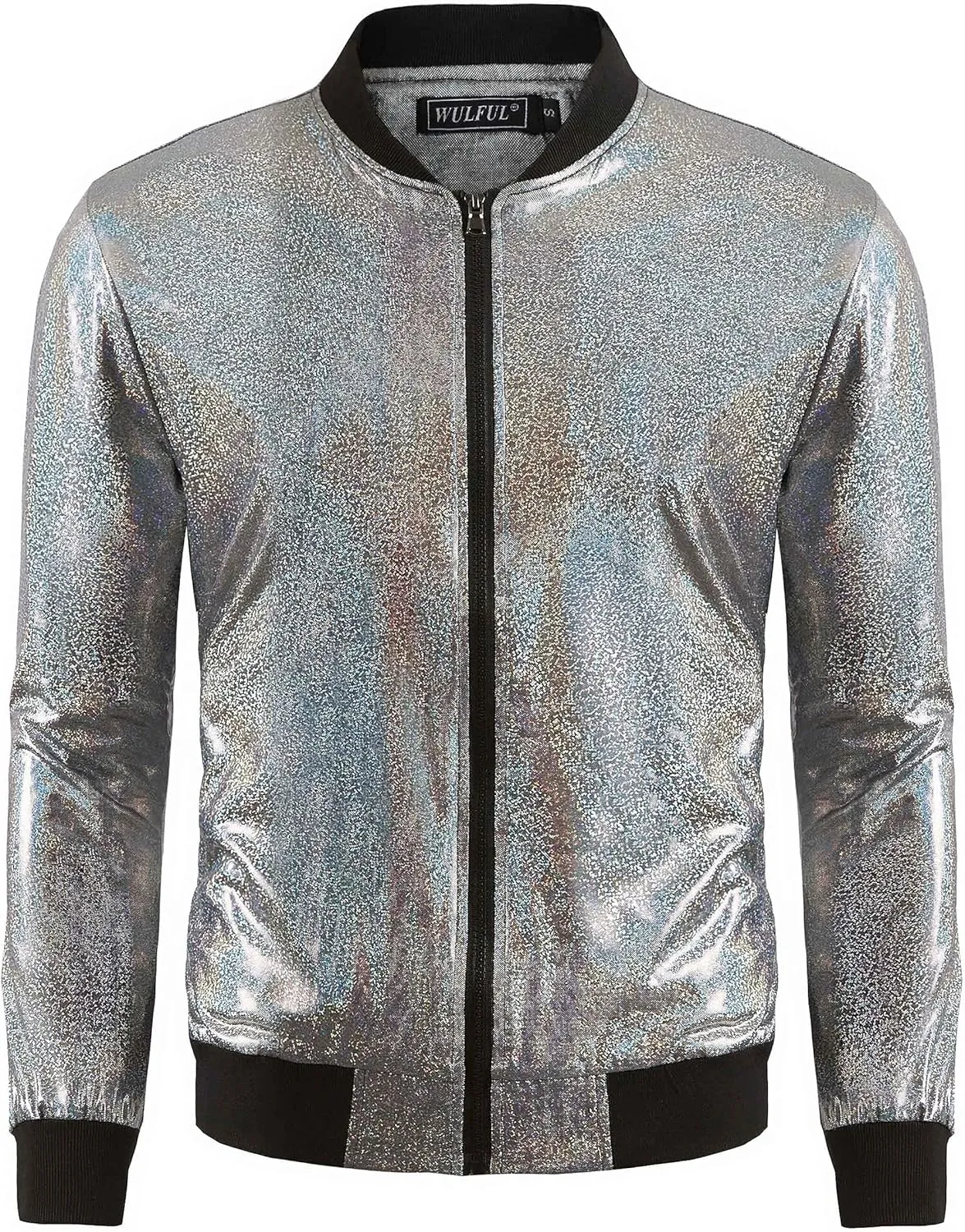 WULFUL Men's 70s Disco Costume Party Sequin Metallic Varsity Bomber Jacket